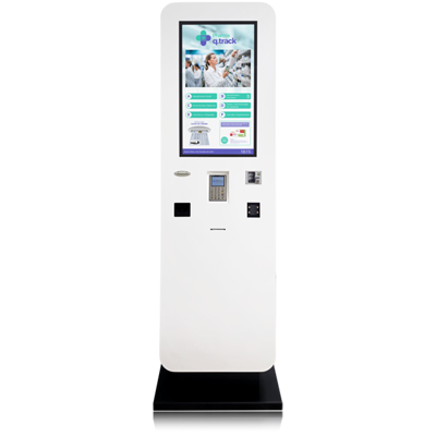 Quiosque de Pagamentos, Kiosk Self-service, Monitor de 27 polegadas, Leitor de Cartão de Cidadão, Sistema de Pagamento por Cartão, Leitura de QR Code, Tecnologia Contactless, Estrutura Robusta, Otimização de Processos de Pagamento, Interação do Cliente com Quiosque.