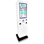 Quiosque de Pagamentos, Kiosk Self-service, Monitor de 27 polegadas, Leitor de Cartão de Cidadão, Sistema de Pagamento por Cartão, Leitura de QR Code, Tecnologia Contactless, Estrutura Robusta, Otimização de Processos de Pagamento, Interação do Cliente com Quiosque.